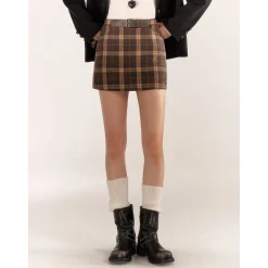AsGony Retro Plaid High Waist Tweed Skirt Brown