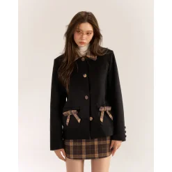 AsGony Retro Plaid High Waist Tweed Skirt Brown