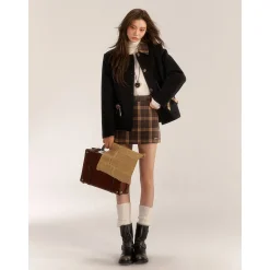 AsGony Retro Plaid High Waist Tweed Skirt Brown