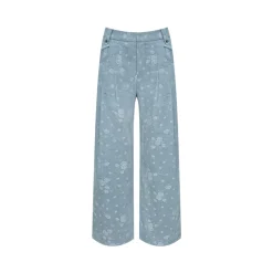 AsGony Retro Rose Jacquard Casual Suit Pants Blue