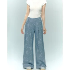 AsGony Retro Rose Jacquard Casual Suit Pants Blue