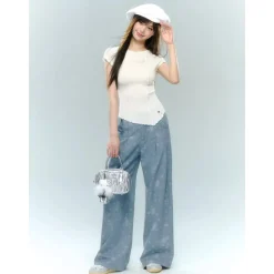 AsGony Retro Rose Jacquard Casual Suit Pants Blue