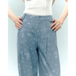 AsGony Retro Rose Jacquard Casual Suit Pants Blue