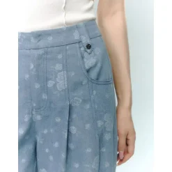 AsGony Retro Rose Jacquard Casual Suit Pants Blue