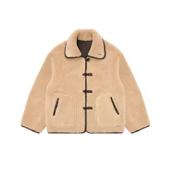 AsGony Reversible Lapel Fleece Leather Jacket Khaki