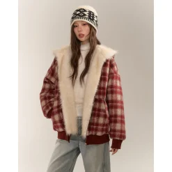 AsGony Reversible Retro Plaid Fleece Padded Jacket Red