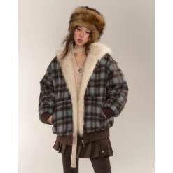 AsGony Reversible Retro Plaid Fleece Padded Jacket Blue