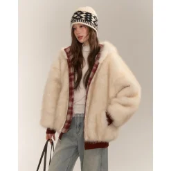 AsGony Reversible Retro Plaid Fleece Padded Jacket Red