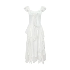 AsGony Ruffled Patchwork Slip Long Dress White