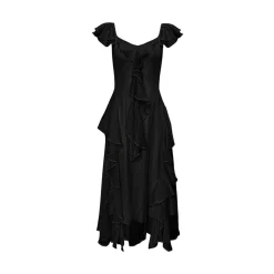 AsGony Ruffled Patchwork Slip Long Dress Black
