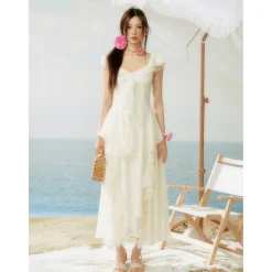 AsGony Ruffled Patchwork Slip Long Dress White