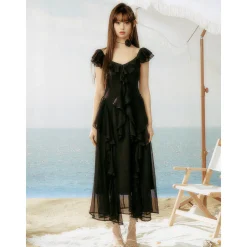 AsGony Ruffled Patchwork Slip Long Dress Black