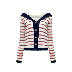 AsGony Sailor Collar Striped Knitted Cardigan Red