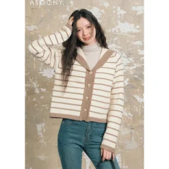 AsGony Sailor Collar Striped Knitted Cardigan Khaki