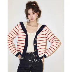AsGony Sailor Collar Striped Knitted Cardigan Red