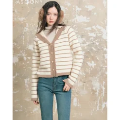 AsGony Sailor Collar Striped Knitted Cardigan Khaki