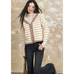 AsGony Sailor Collar Striped Knitted Cardigan Khaki