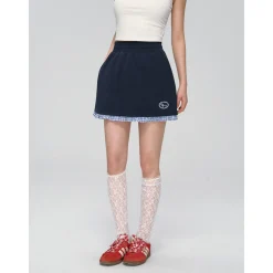 AsGony Stringy Selvedge Plaid Patchwork Casual Skirt Navy Blue