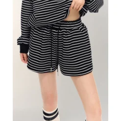 AsGony Striped Drawstring Casual Shorts Black