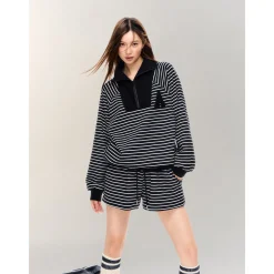 AsGony Striped Drawstring Casual Shorts Black
