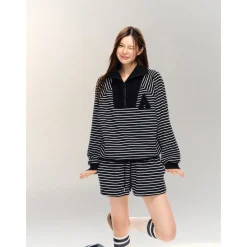 AsGony Striped Drawstring Casual Shorts Black