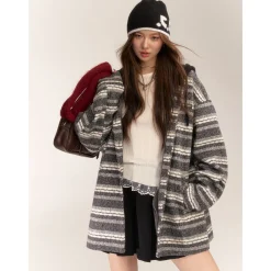 AsGony Striped Hooded Thicken Mid-Length Coat