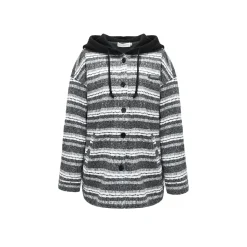 AsGony Striped Hooded Thicken Mid-Length Coat