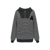AsGony Striped Zipper Lapel Casual Sweater Black