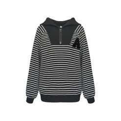 AsGony Striped Zipper Lapel Casual Sweater Black