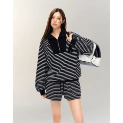 AsGony Striped Zipper Lapel Casual Sweater Black