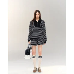 AsGony Striped Zipper Lapel Casual Sweater Black