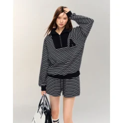 AsGony Striped Zipper Lapel Casual Sweater Black