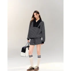 AsGony Striped Zipper Lapel Casual Sweater Black