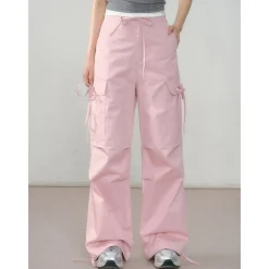 AsGony Thin Loose Straight Wide-Leg Cargo Pants Pink