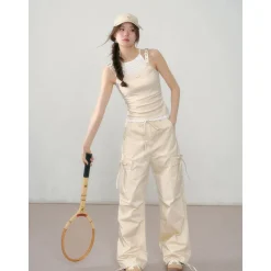 AsGony Thin Loose Straight Wide-Leg Cargo Pants Khaki
