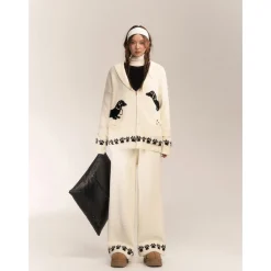 AsGony Towel Fleece Soft Jacquard Casual Pants