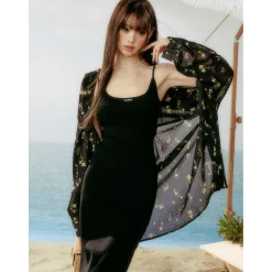 AsGony U-Neck Waisting Slim Fit Slit Long Dress Black