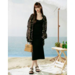 AsGony U-Neck Waisting Slim Fit Slit Long Dress Black