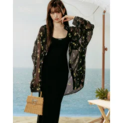 AsGony U-Neck Waisting Slim Fit Slit Long Dress Black