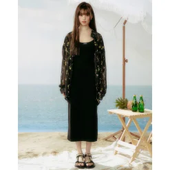 AsGony U-Neck Waisting Slim Fit Slit Long Dress Black