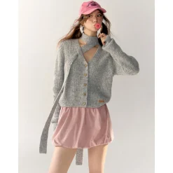 AsGony V-Neck Halter Ribbon Short Knit Cardigan Gray