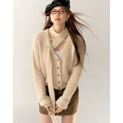 AsGony V-Neck Halter Ribbon Short Knit Cardigan Khaki