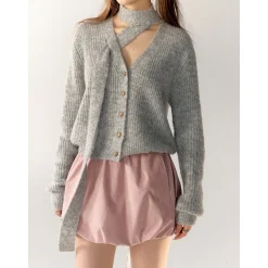 AsGony V-Neck Halter Ribbon Short Knit Cardigan Gray