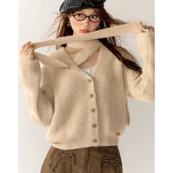AsGony V-Neck Halter Ribbon Short Knit Cardigan Khaki