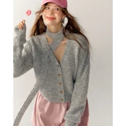 AsGony V-Neck Halter Ribbon Short Knit Cardigan Gray