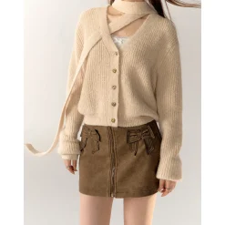 AsGony V-Neck Halter Ribbon Short Knit Cardigan Khaki