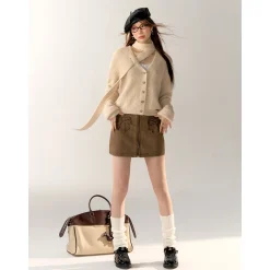 AsGony V-Neck Halter Ribbon Short Knit Cardigan Khaki