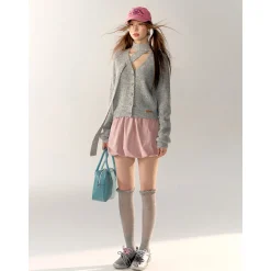 AsGony V-Neck Halter Ribbon Short Knit Cardigan Gray