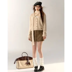 AsGony V-Neck Halter Ribbon Short Knit Cardigan Khaki