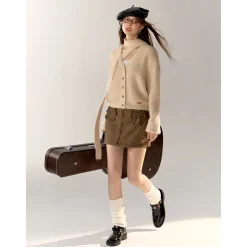 AsGony V-Neck Halter Ribbon Short Knit Cardigan Khaki